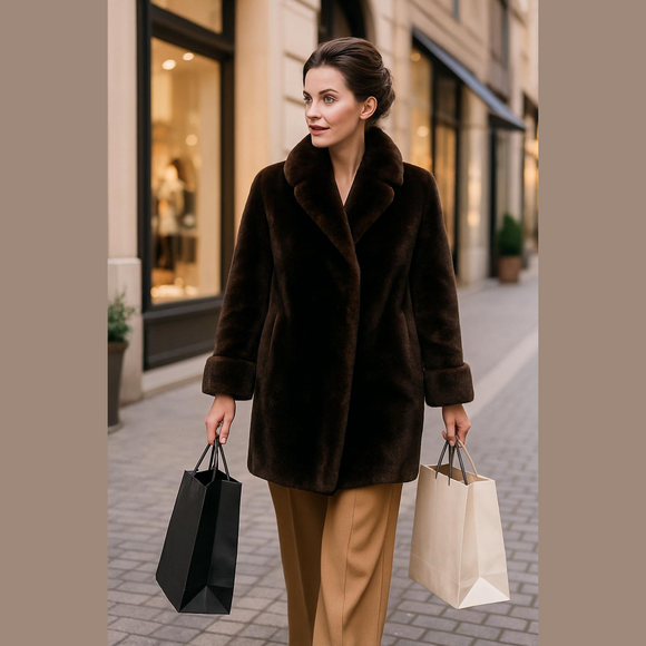 50s BROWN MOUTON FUR MCM STROLLER COAT DEEP CUFFS SHAWL COLLAR RETRO LUXURY L - Picture 1 of 14